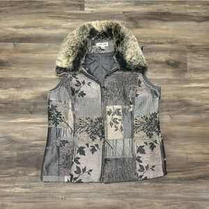 Coldwater Creek Patchwork Vest with Faux Fur Trim